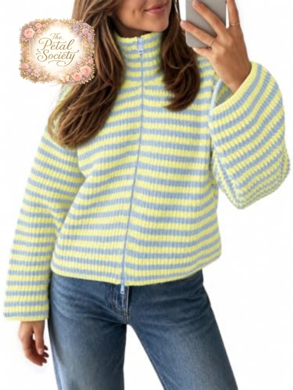 Womens Striped Zip Up Sweater Mock Neck Loose Fit Knit Cardigan